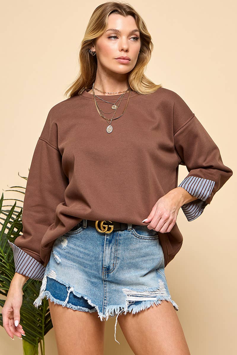 Stripe Detail Long Sleeve Sweatshirt: Brown / L