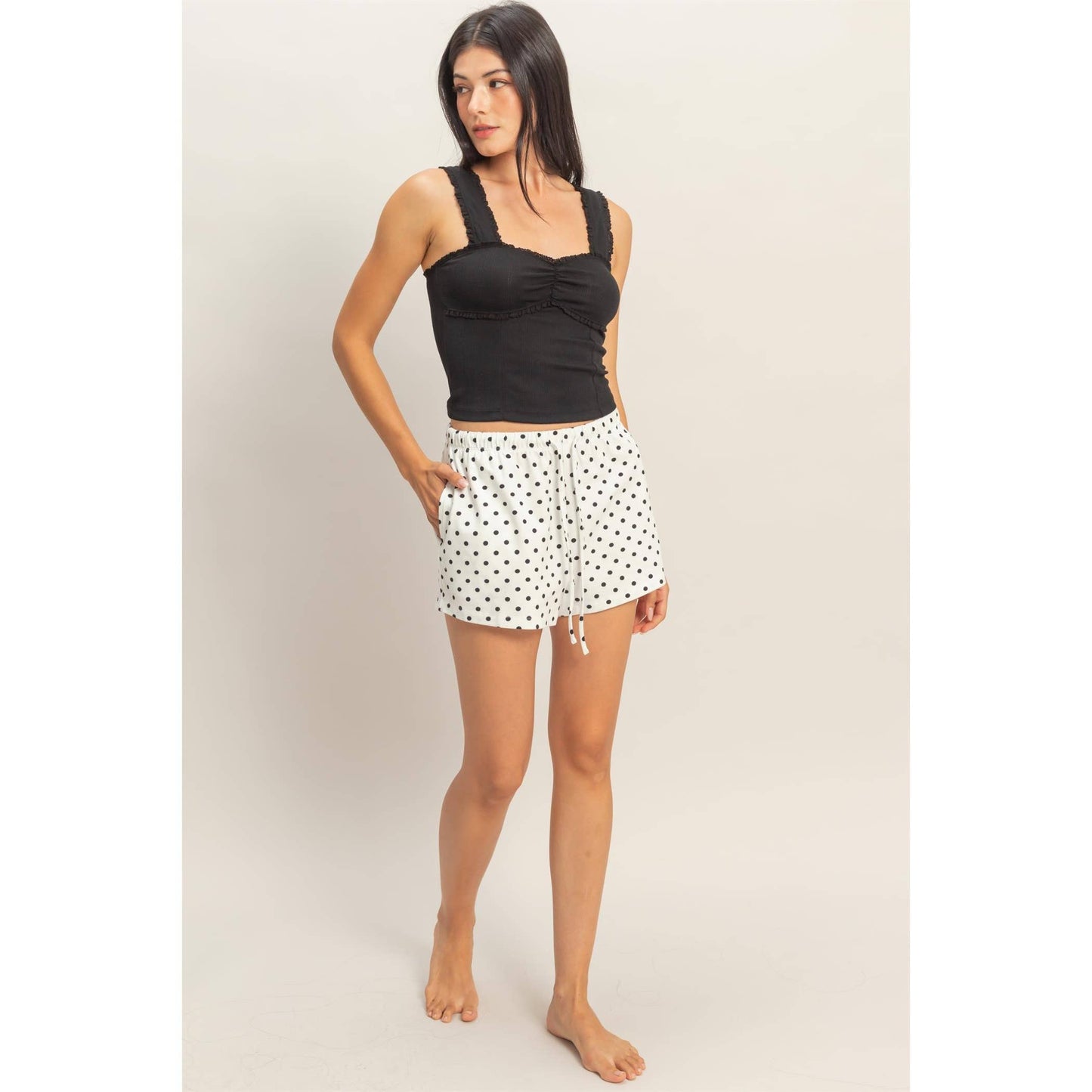 Polka Dot Drawstring Shorts: BROWN / S-M-L(2-2-2)