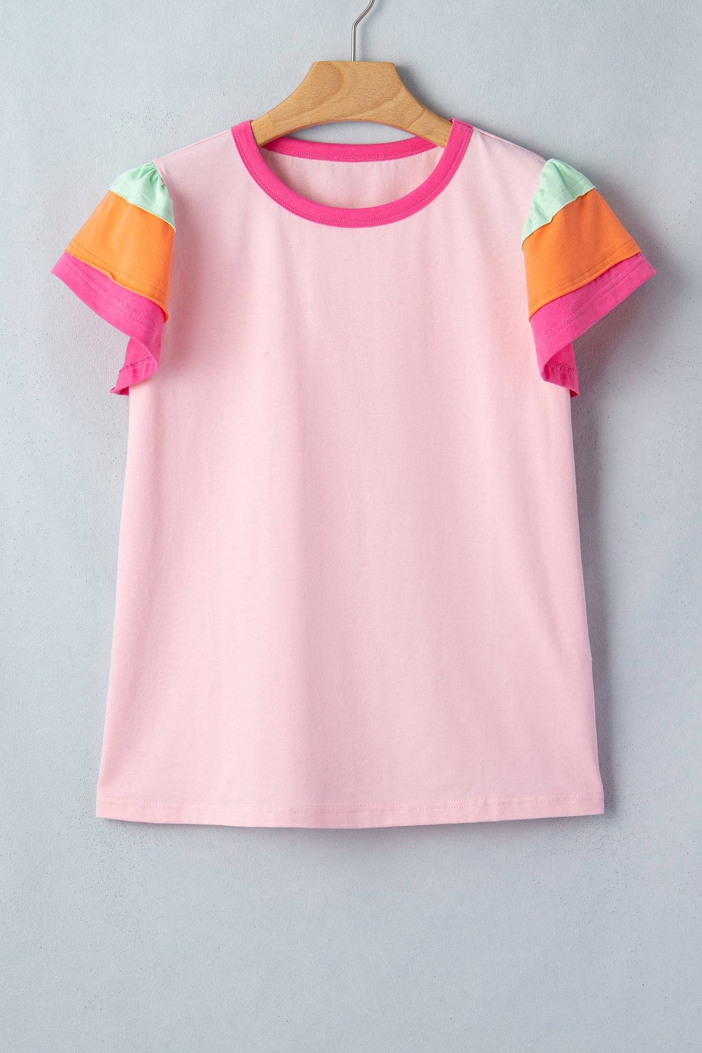Pink Colorblock Flutter Sleeve Round Neck T Shirt: Pink / 95%Cotton+5%Elastane / L