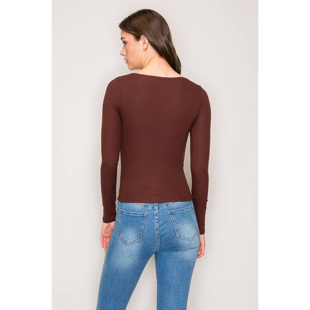 Notch Scoop Neck Double Layer Long Sleeve Knit Top: Botanical Garden/Hunter / S-M-L(2-2-2)