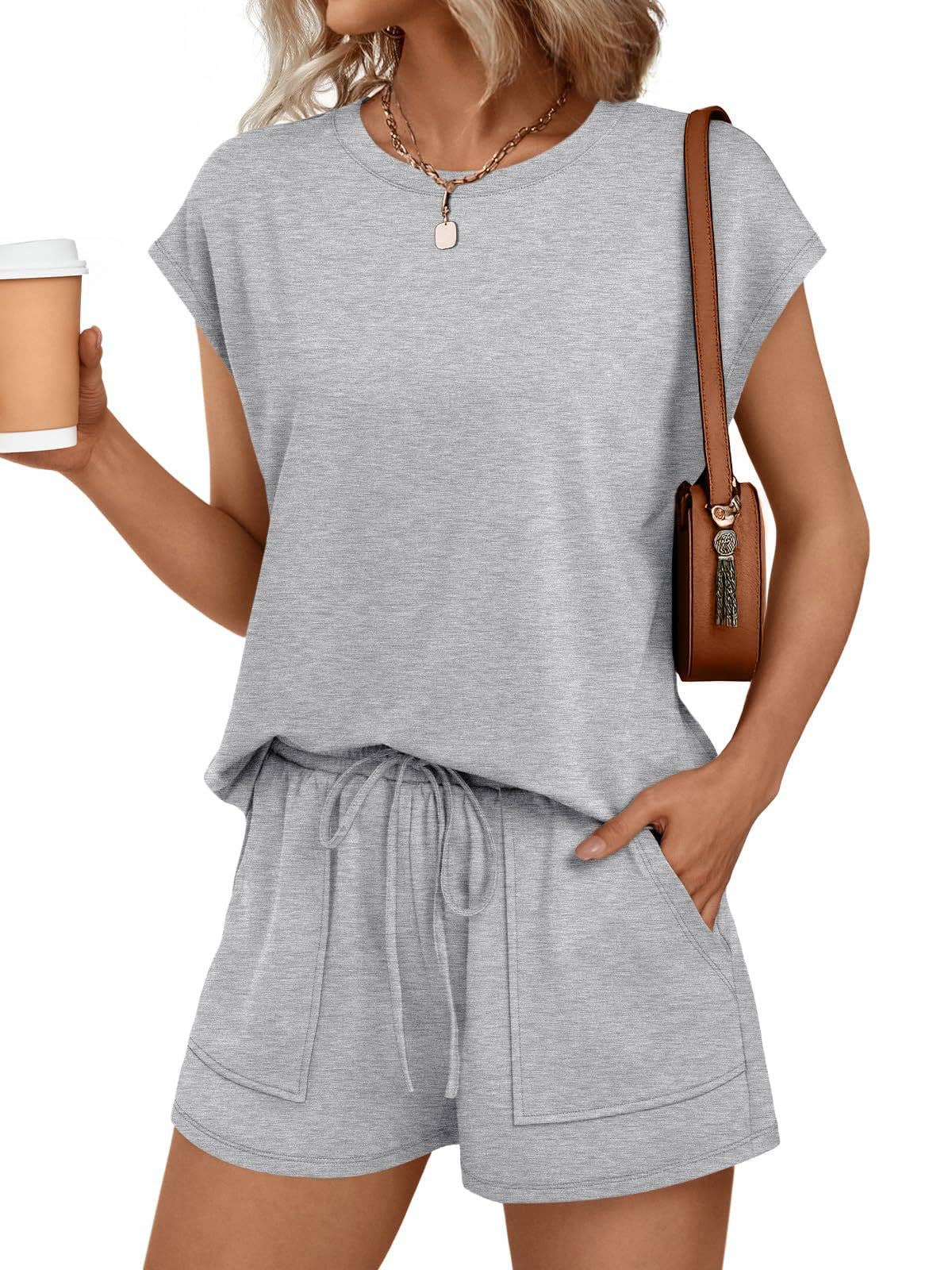 Womens Black Lounge Set Cap Sleeve Top and Shorts: Rose Red / 65%Polyester+30%Viscose+5%Elastane / L