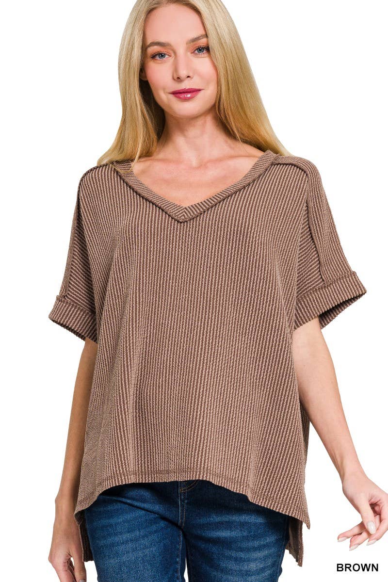 Raised Rib Short Sleeve Hi-low V Neck Top: RUBY / 3-3(S/M-L/XL)