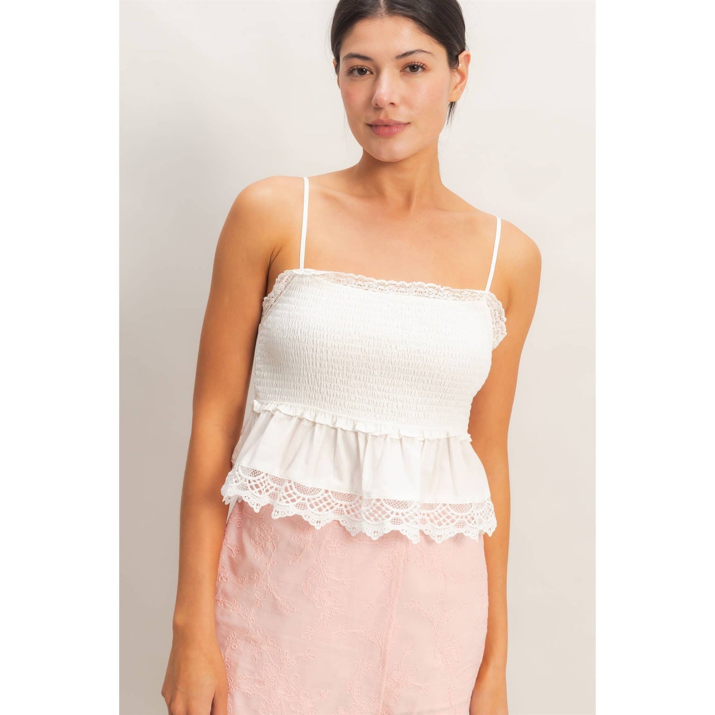 Smocked Peplum Top With Lace Trim: YELLOW / S-M-L(2-2-2)