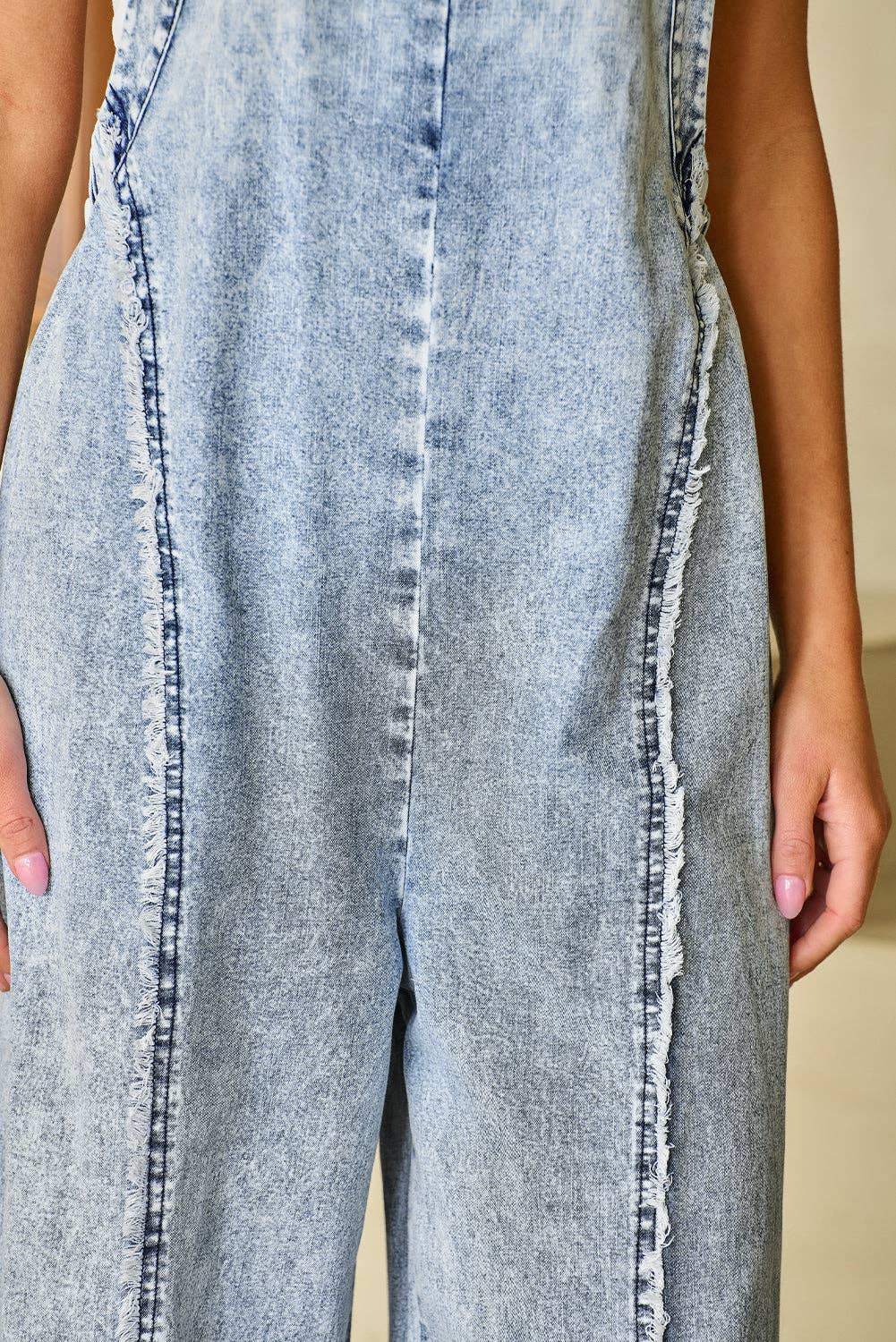 Beau Blue Light Wash Frayed Exposed Seam Wide Leg Denim Overall: Beau Blue / 95%Cotton+5%Polyester / M