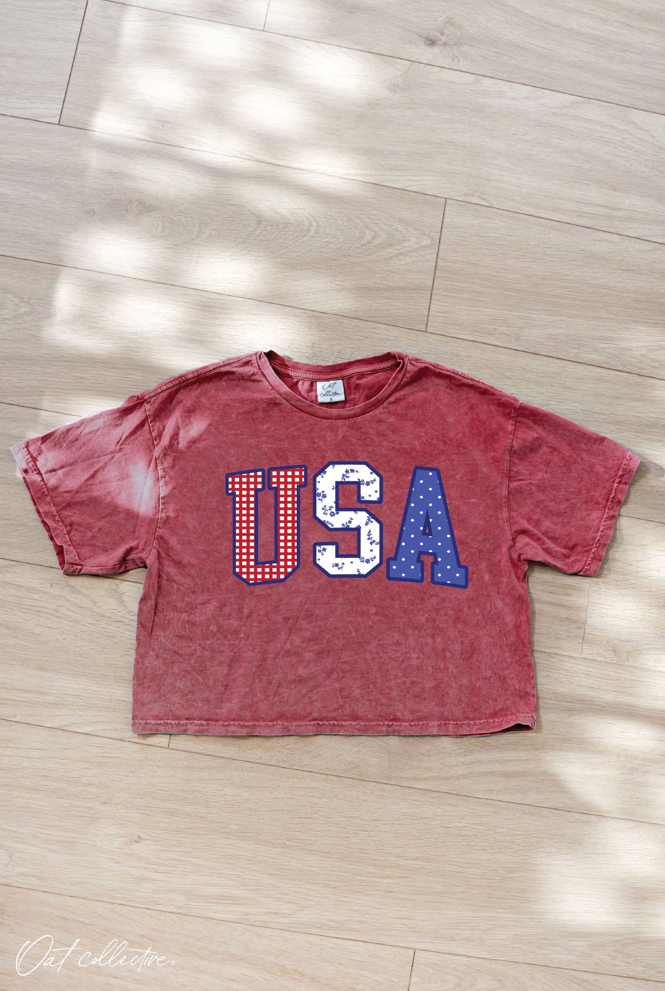 USA WITH PATTERN Cropped Mineral Graphic Top : CREAM / XL