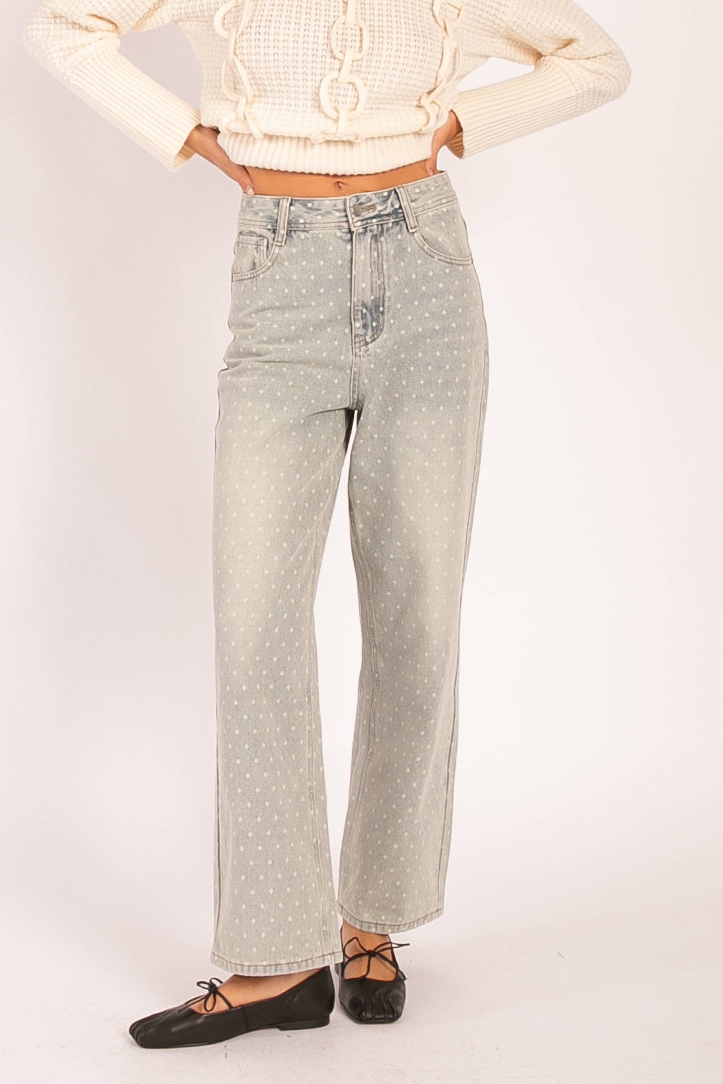 LP1032 Polka Dot High-Waisted Straight Leg Jeans: LIGHT DENIM / S-M-L (2-2-2)