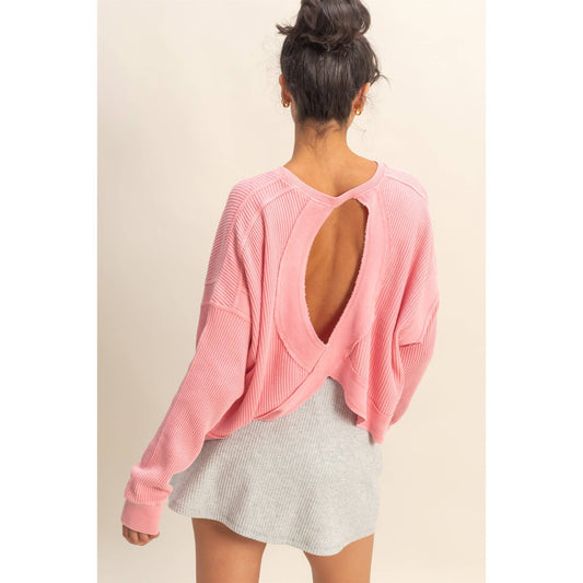 Chic Open Back Textured Knit Long Sleeve Top: TAFFY PINK / S-M-L(2-2-2)