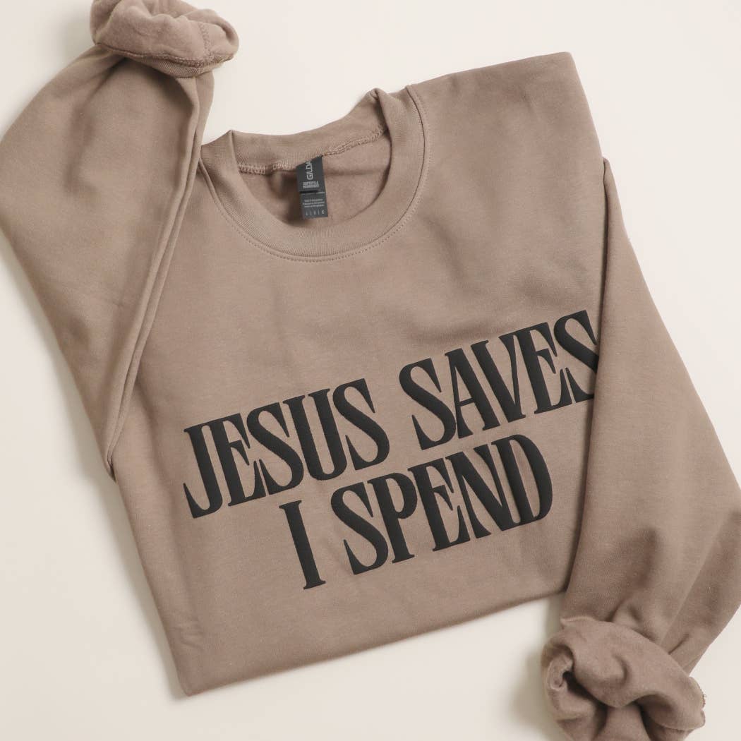JESUS SAVES I SPEND PUFF MIDWEIGHT Sweatshirt: LIGHT PINK / XL