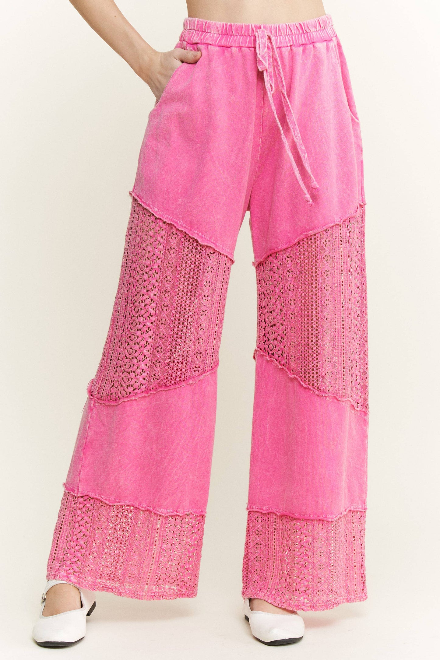Mineral Washed Lace See through Breezy pants HP6335.: HotPink / S-M-L / 2-2-2