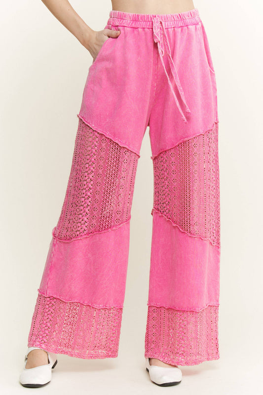 Mineral Washed Lace See through Breezy pants HP6335.: HotPink / S-M-L / 2-2-2