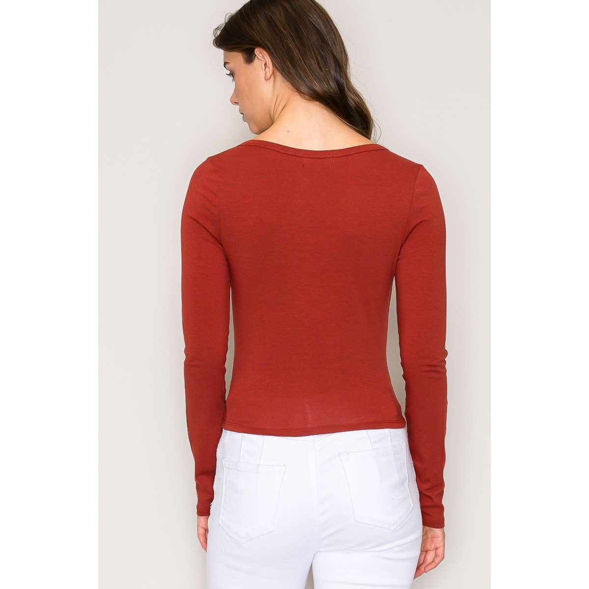 Notch V Neck Button Front Long Sleeve Cotton Top: Chili Oil / S-M-L(2-2-2)