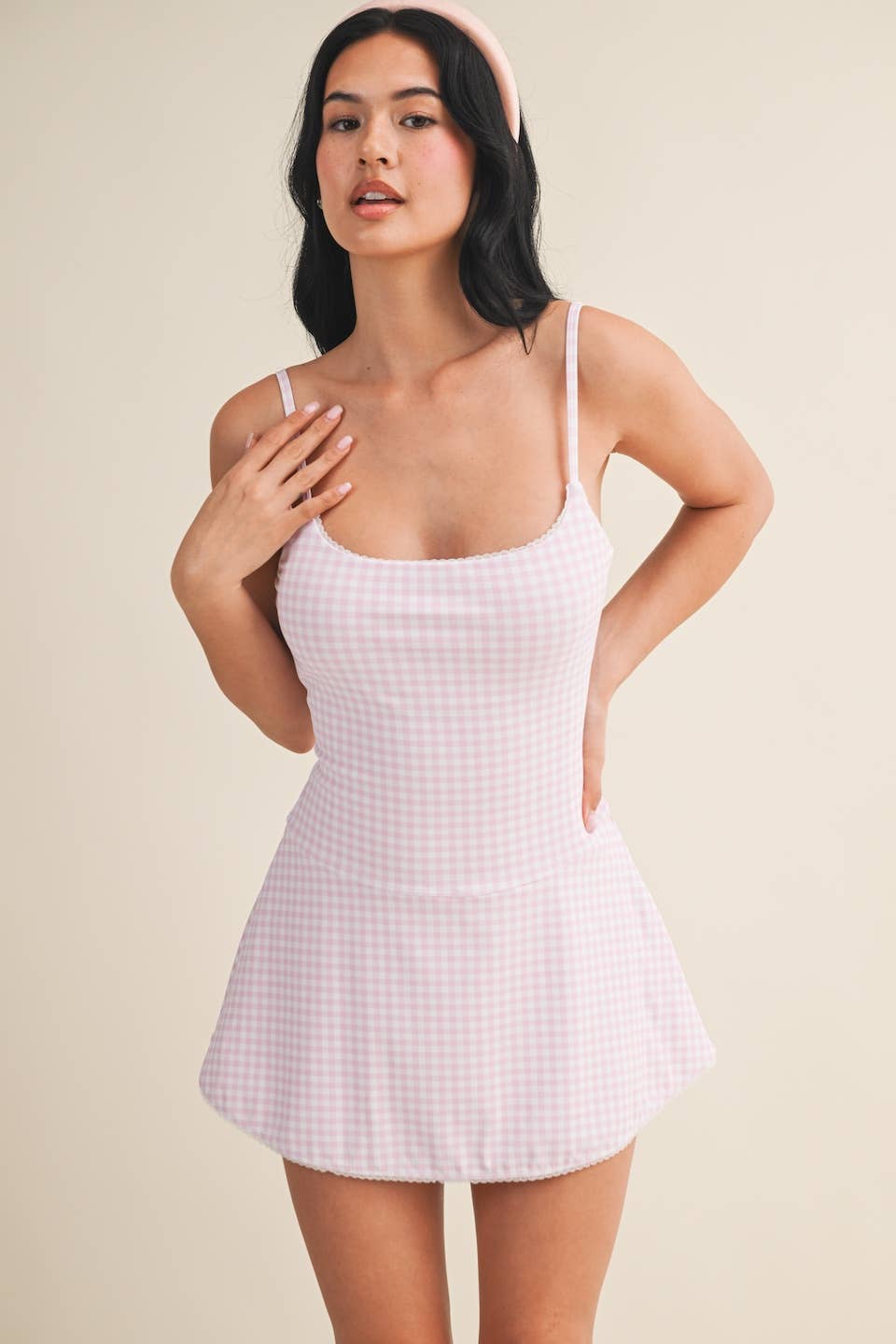 Gingham Print Lace Trim Ruffle Mini Dress: Blue Gingham / S