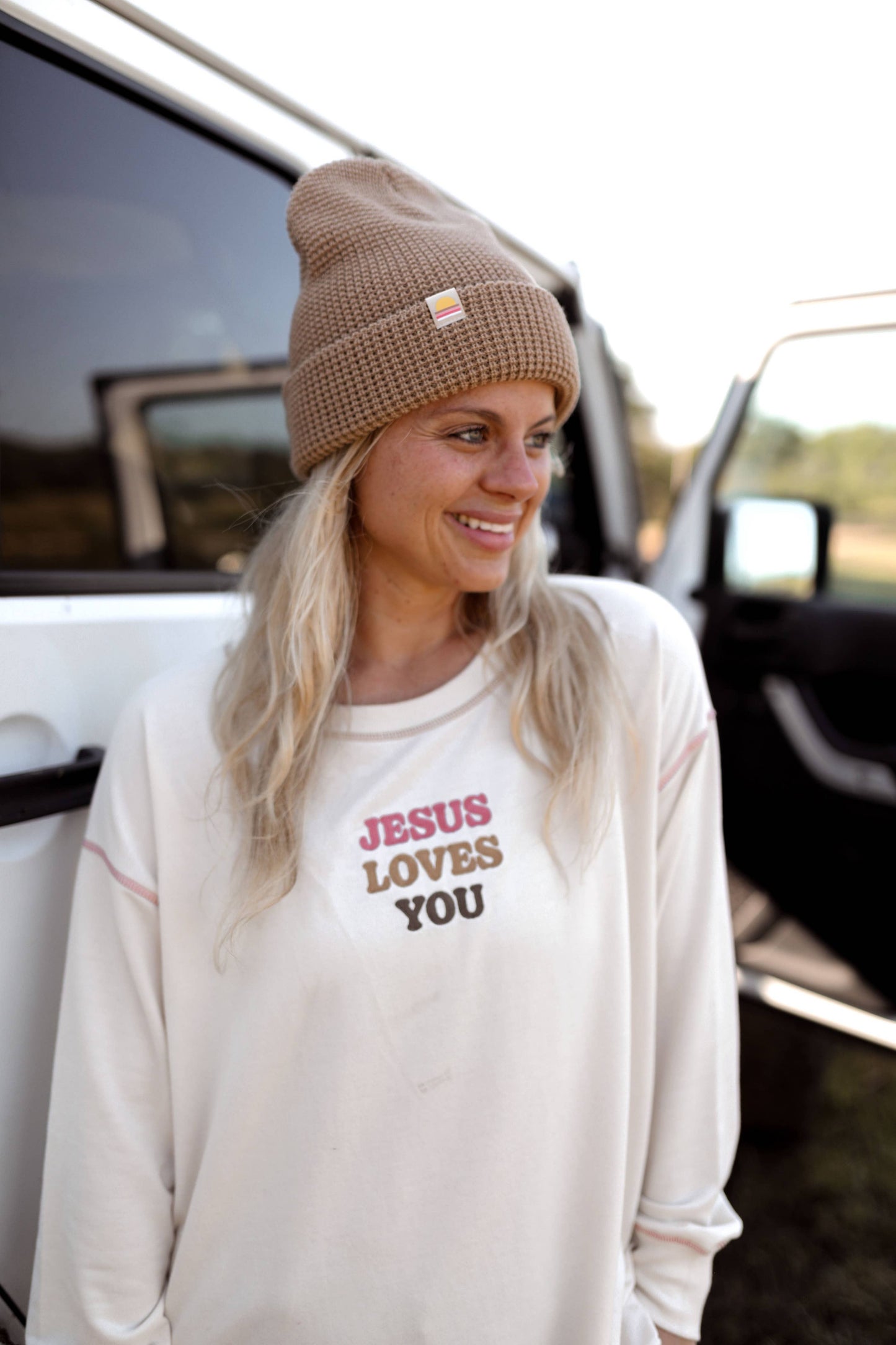 Jesus Loves You Embroidery - Light Weight Stitch Sweatshirt: Large