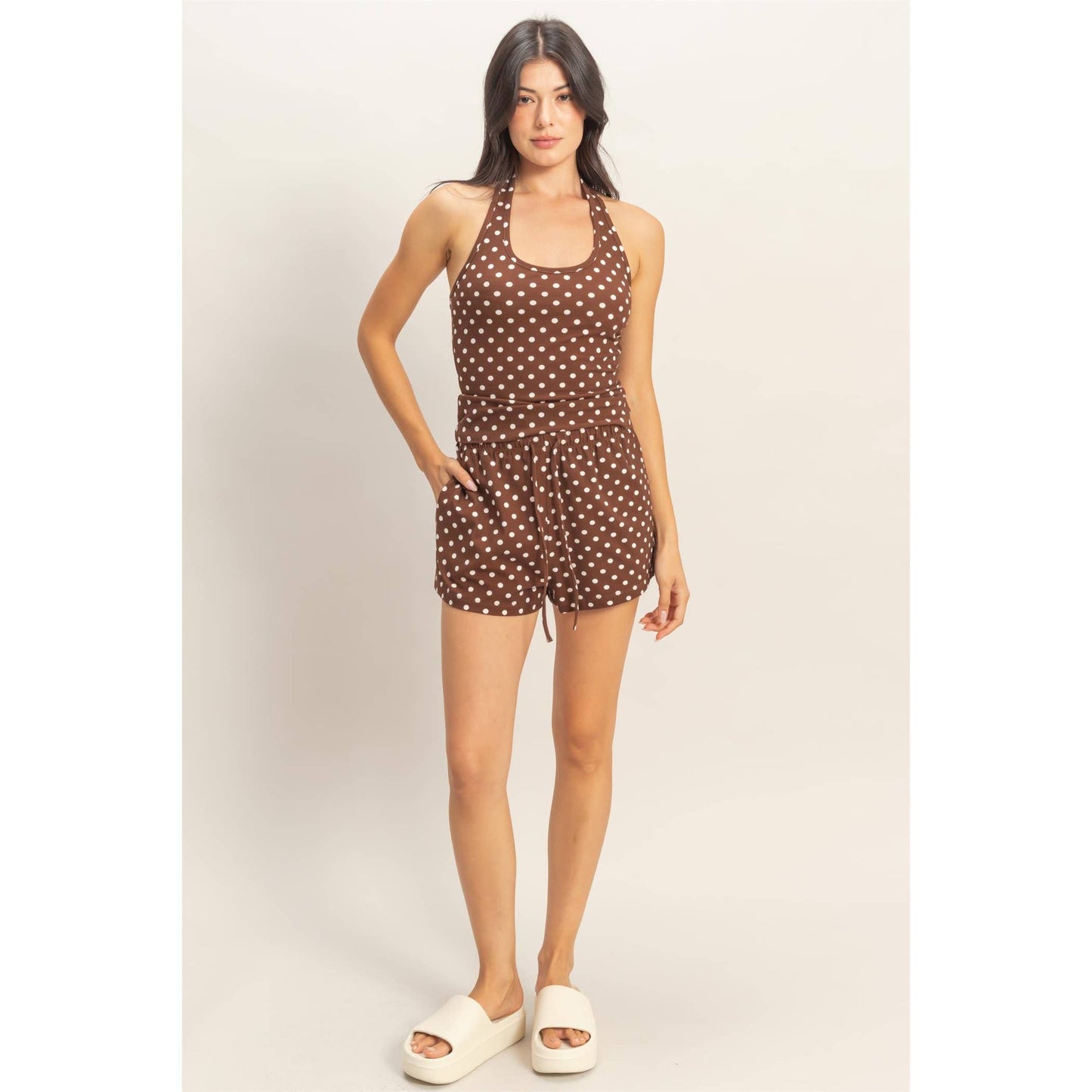 Polka Dot Drawstring Shorts: BROWN / S-M-L(2-2-2)