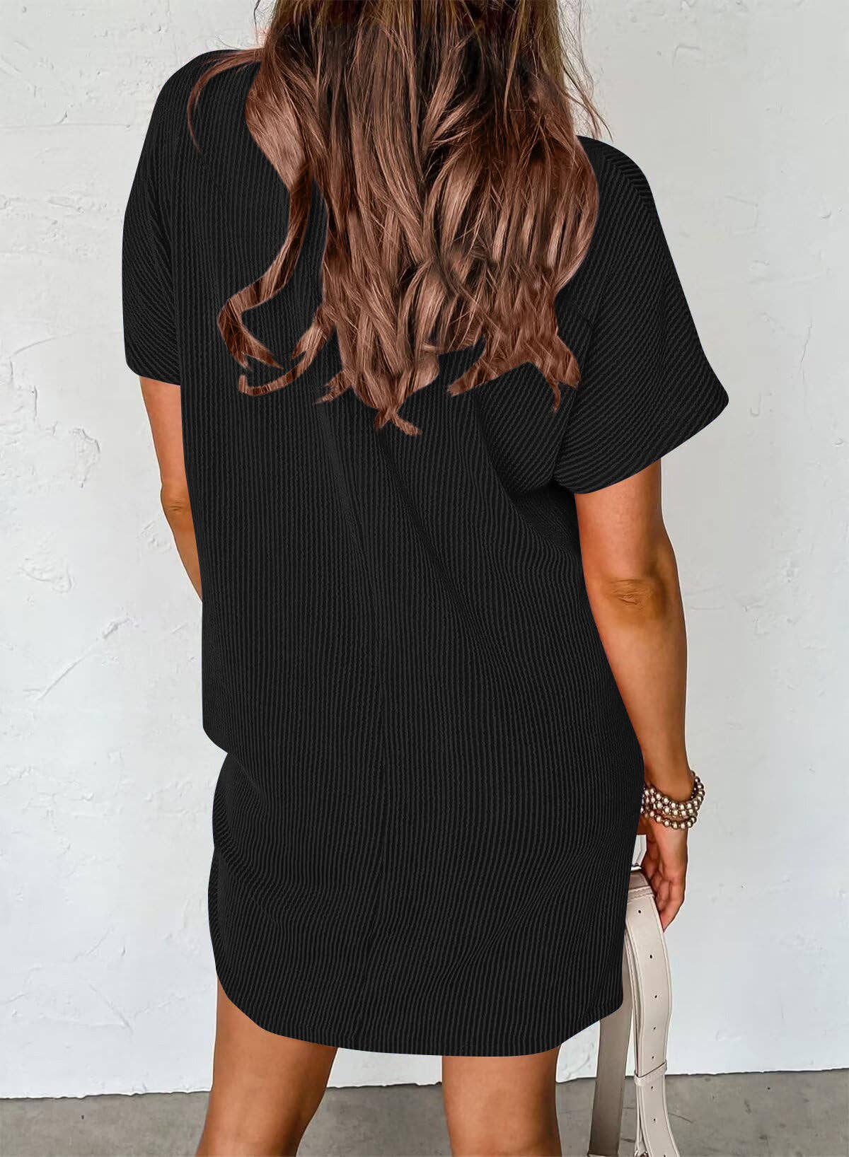 Summer Casual T-shirt Short-sleeved Dress (With Pockets): Black / 65%Rayon + 35%Polyester / L
