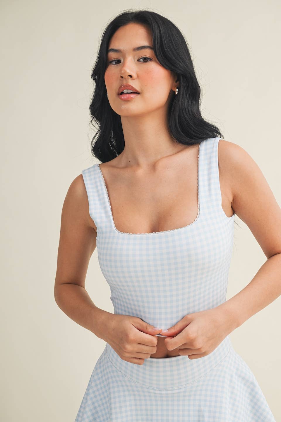 Gingham Print Crop Tank with Lace Trim: Pink Gingham / S