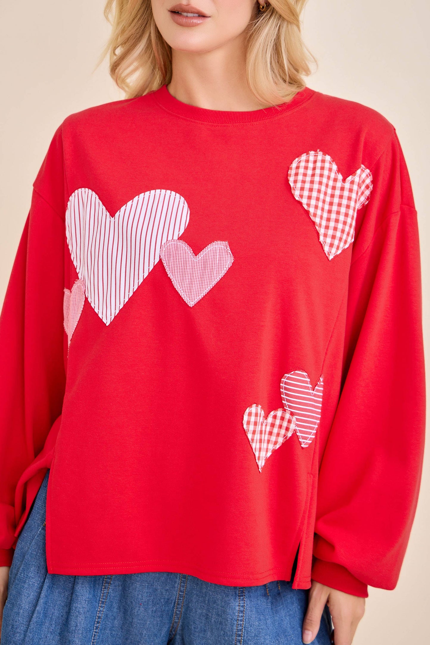 Red Heart Patchwork Sweatshirt – Valentine Pullover: RED / M