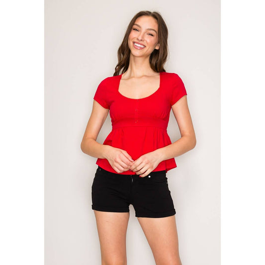 Square Neck Cap Sleeve Babydoll Top: Red / S-M-L(2-2-2)