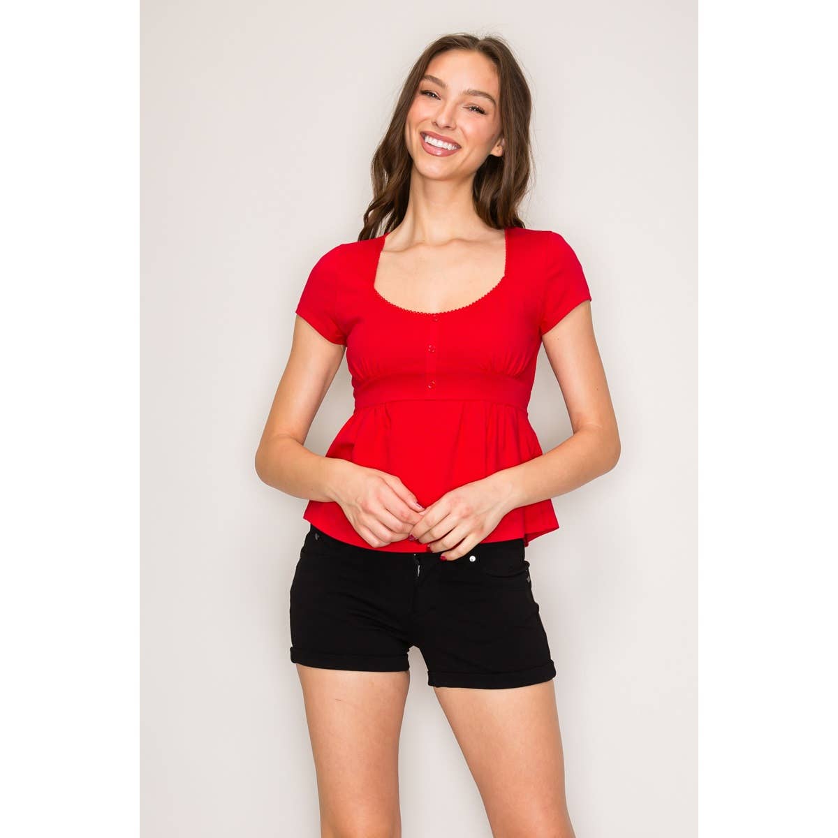 Square Neck Cap Sleeve Babydoll Top: White / S-M-L(2-2-2)
