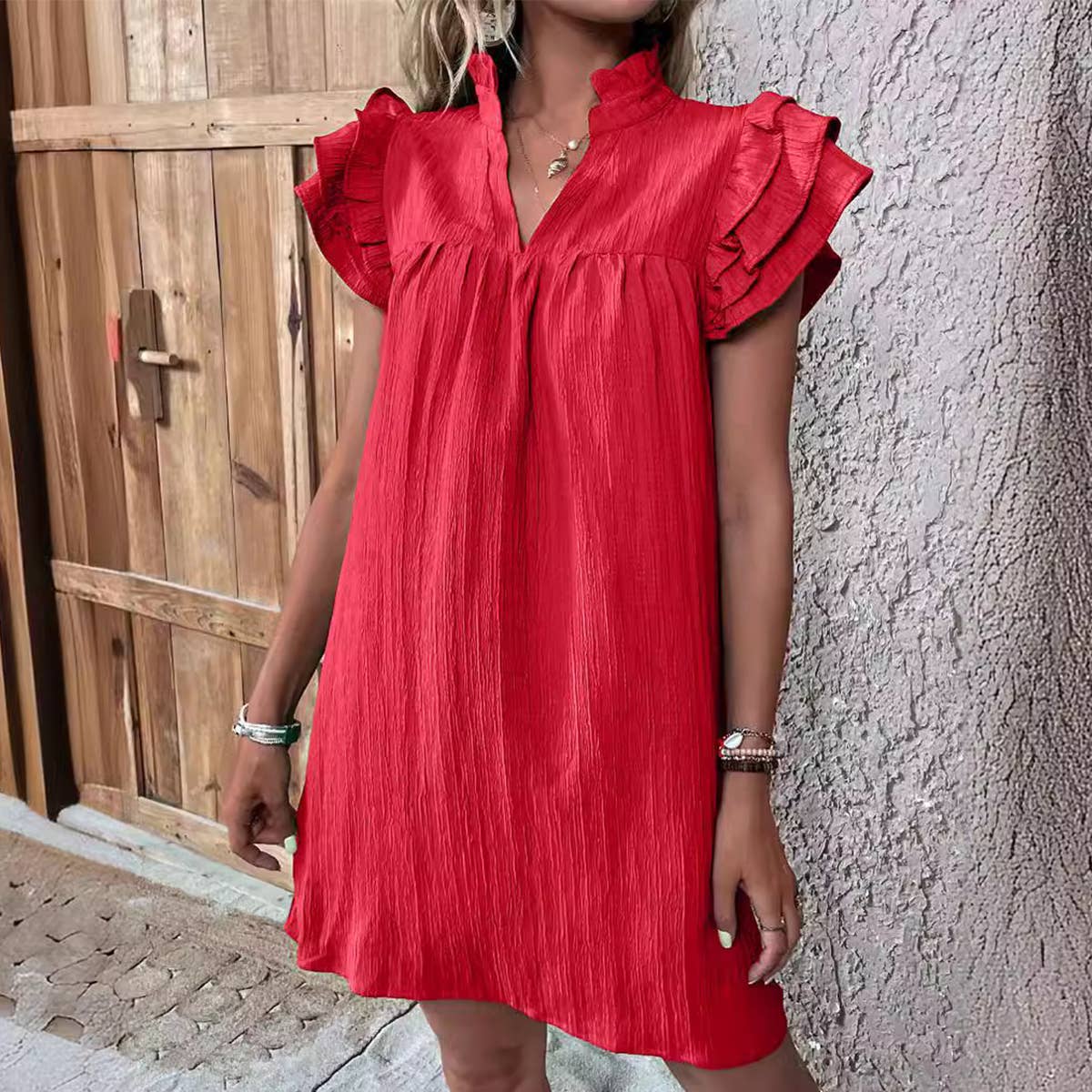 MULTI-LAYER LOTUS SLEEVE V-NECK PULLOVER DRESS: SKYBLUE / (L) 1