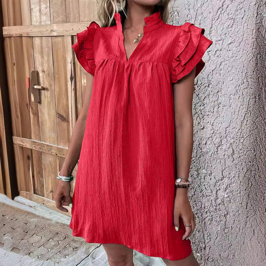 MULTI-LAYER LOTUS SLEEVE V-NECK PULLOVER DRESS: RED / (XXL) 1
