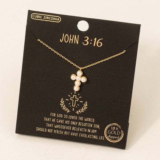 Gold Dipped Pearly Studded Cross Pendant Necklace: G