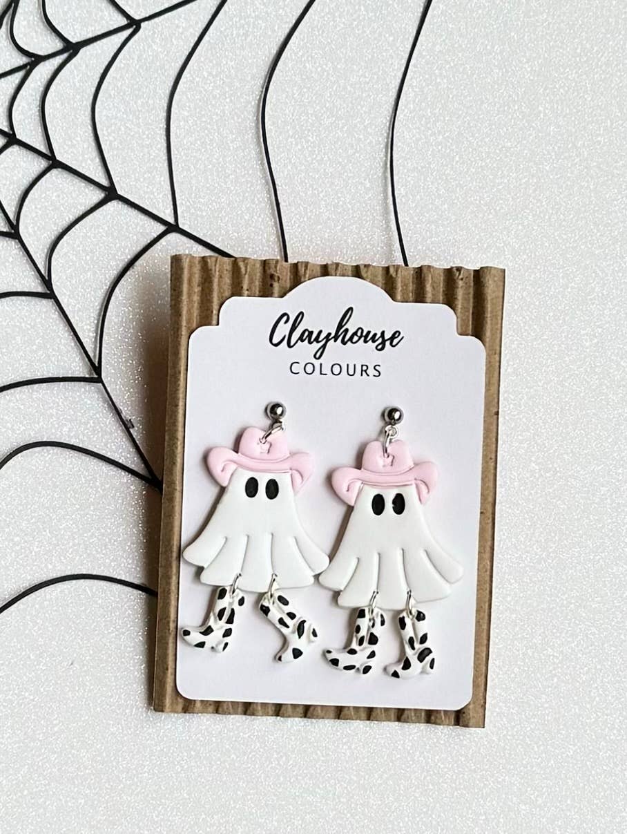 Cowboy Ghost Halloween Earrings : Stainless Steel / Pink/Pink Boots