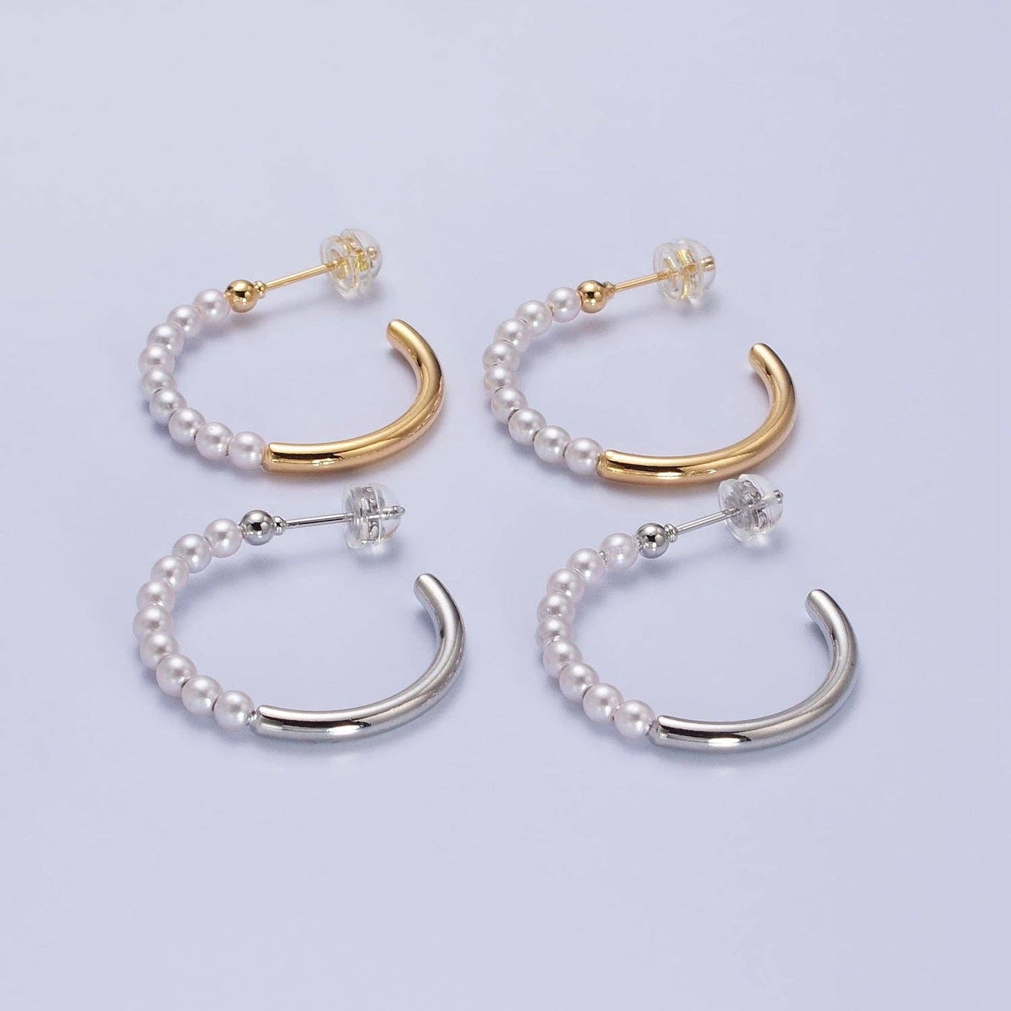 16K Gold Filled 25mm Half Pearl Hoop Earrings in Gold & Silver | AB366 AB367: Silver