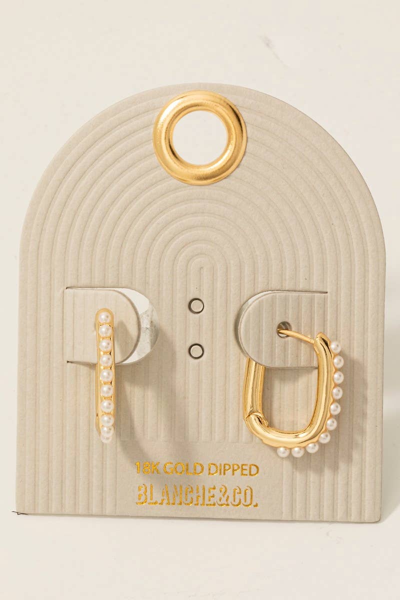 Gold Dipped Pearl Studded Rectangle Hoop Earrings: GCM