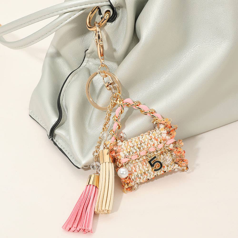 Pearl Number Five Stone Charm Accent Tweed Handbag Tassel Keychain / Bag Charm: Pink