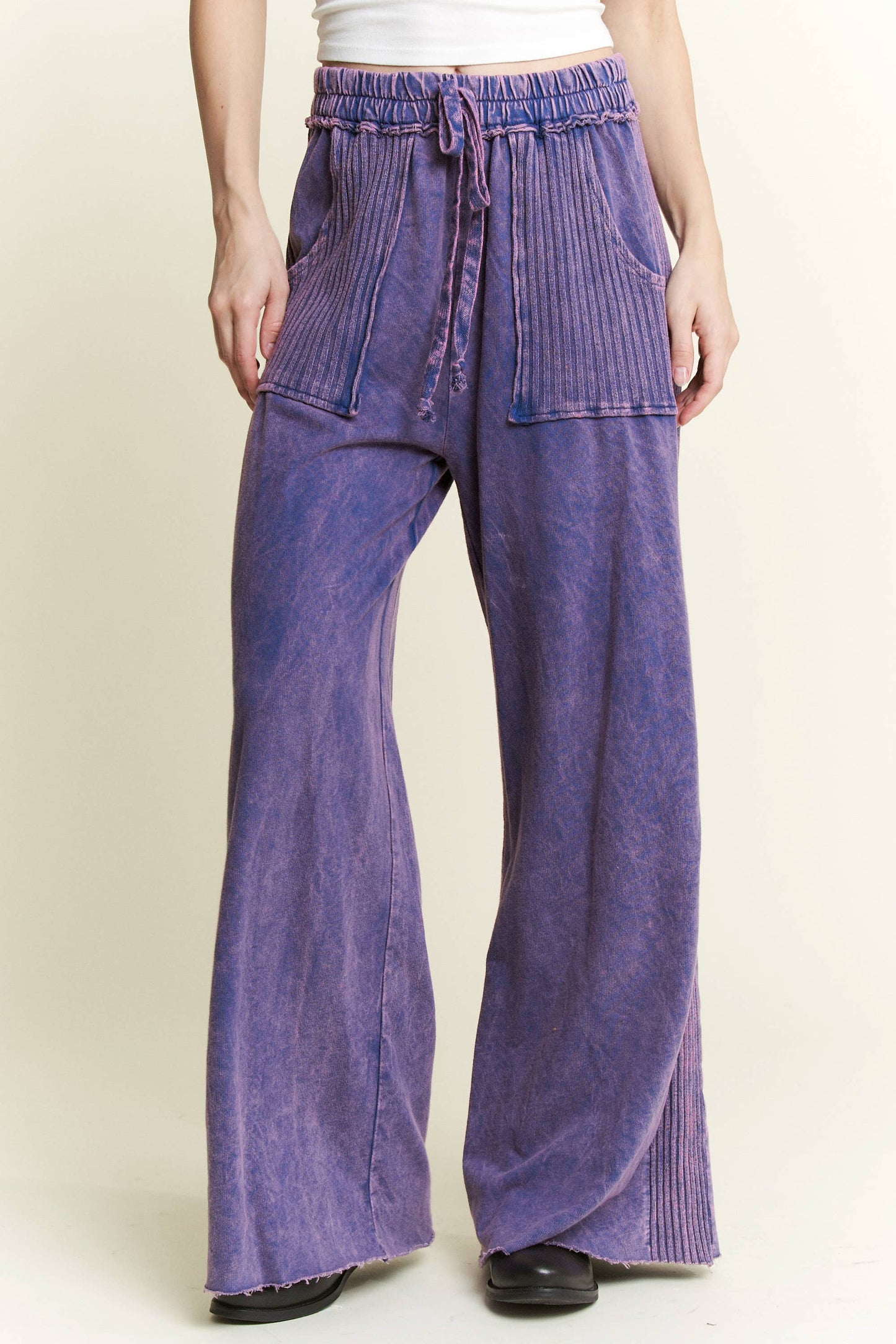 Best Mineral Wash Side Knit detail wide leg pantsHE5878P.: Latte / S-M-L / 2-2-2