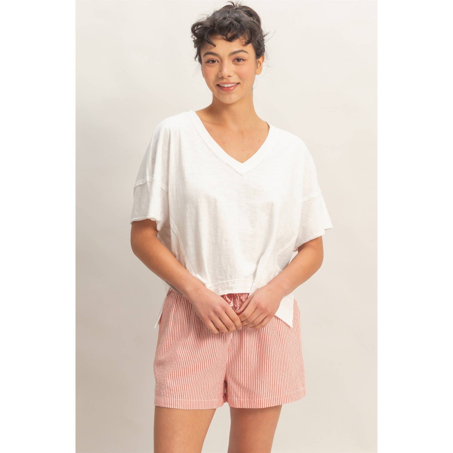 Oversized V-Neck Short Sleeve Top: WHIP CREAM / S-M-L(2-2-2)