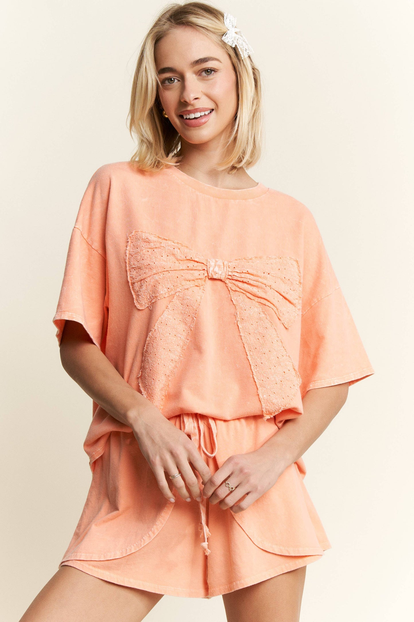 MineralWash Ribbon bow half sleeve shirt HT6308: Silver Grey / S-M-L / 2-2-2