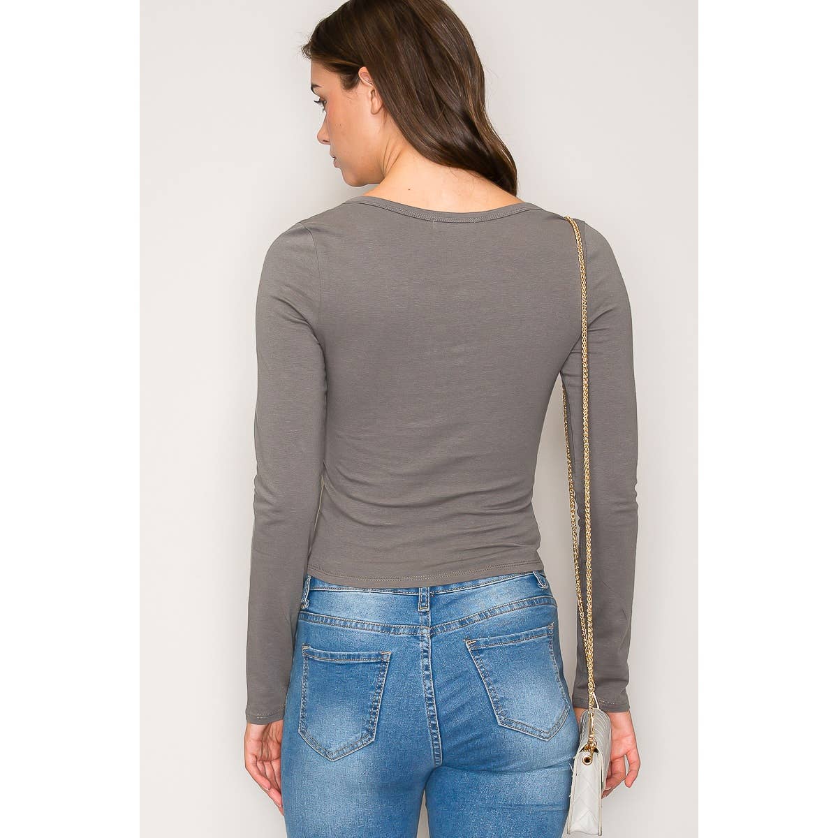 Notch V Neck Button Front Long Sleeve Cotton Top: Chili Oil / S-M-L(2-2-2)