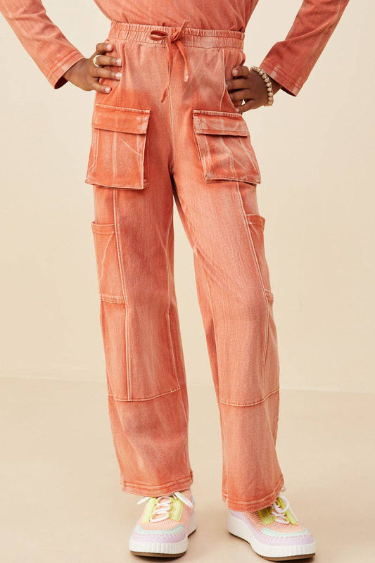 Girls Washed Cargo Pocket Detail Wide Leg Knit Pants - 4Pc: Rust / Pack