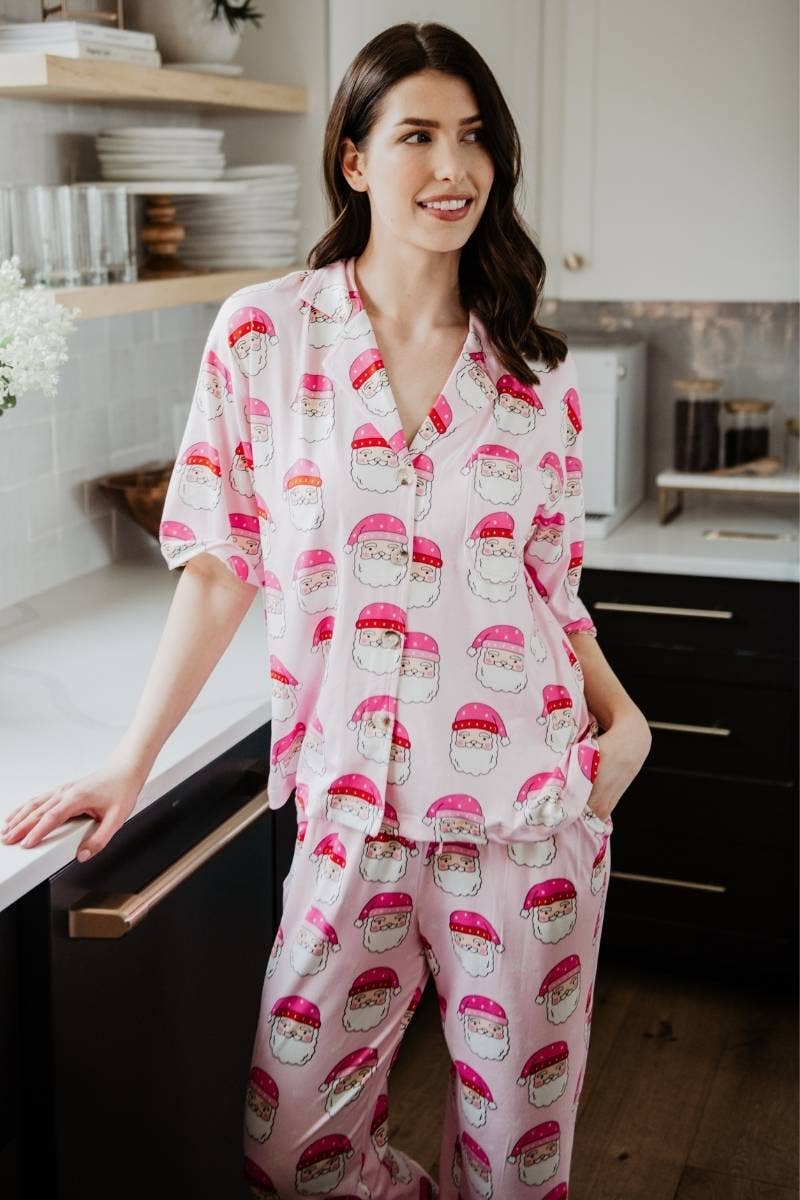 Pink Santa Face Women's Christmas Pajamas: Light Pink / S