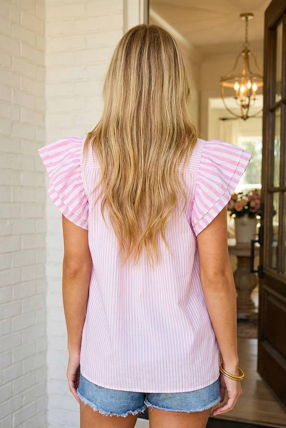 LAS Stripe Contrast V Neck Flutter Sleeve Blouse (S-XL): Pink Stripe / Missy / M