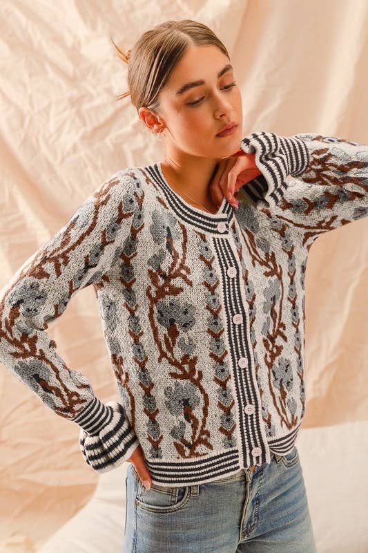 Floral Intarsia Button Up Sweater Cardigan: LAVENDER / 3-2-1 (S-M-L)