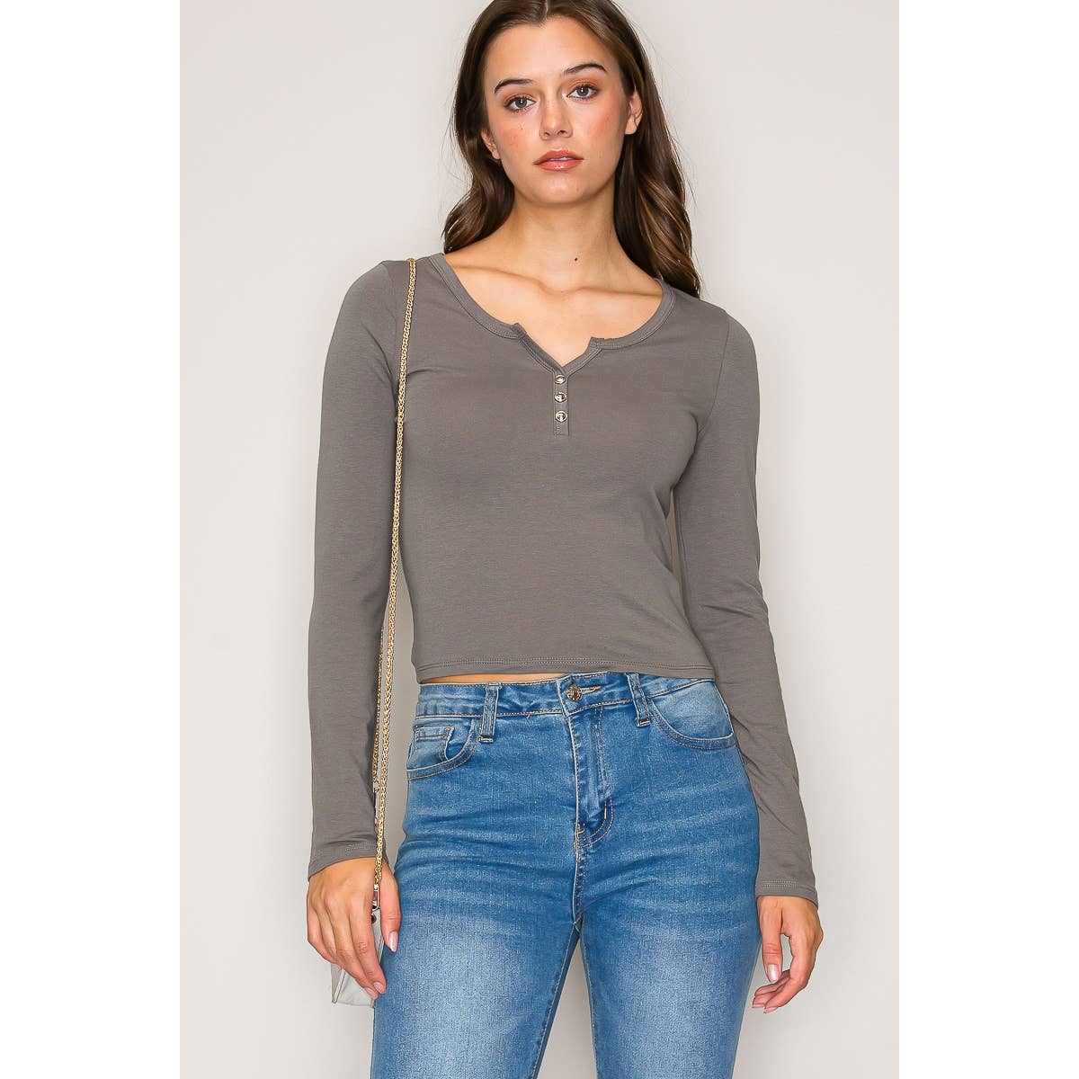 Notch V Neck Button Front Long Sleeve Cotton Top: Chili Oil / S-M-L(2-2-2)
