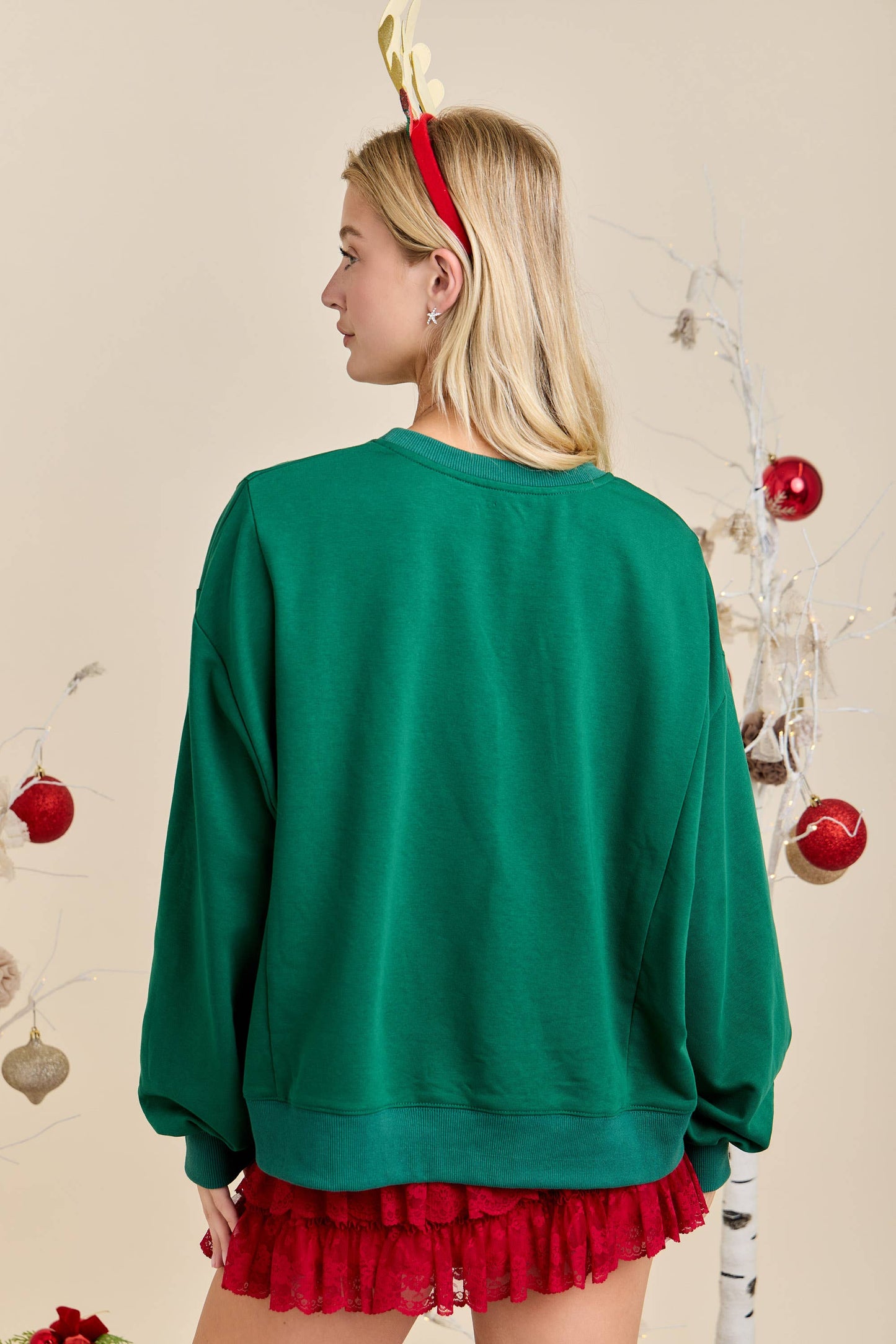 Merry With Ornament Patchwork Oversized Long Sleeve Top: HUNTER GREEN / L