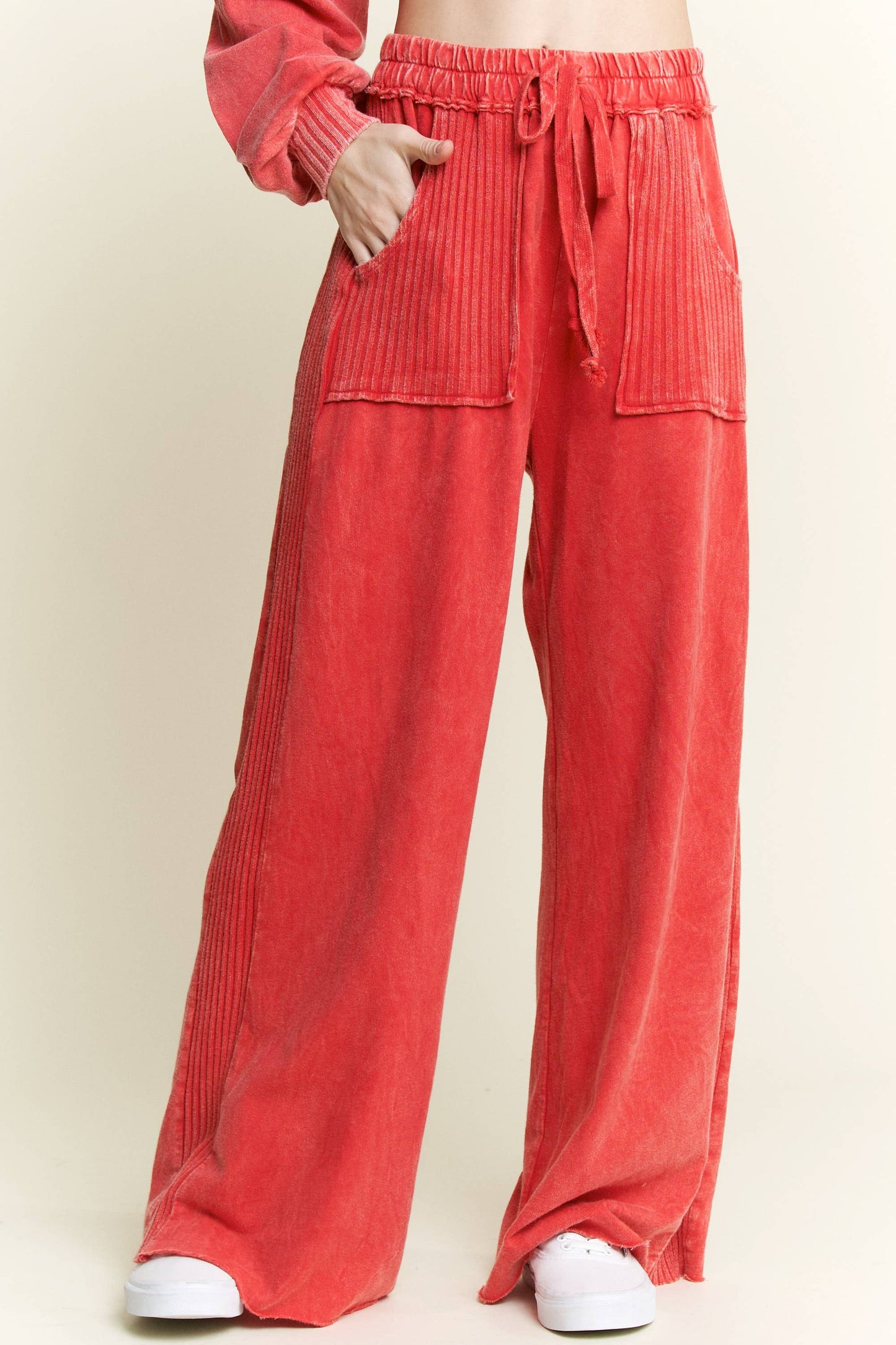 Mineral Wash Side Knit detail wide leg pants HE5878P..: Burgundy / S-M-L / 2-2-2