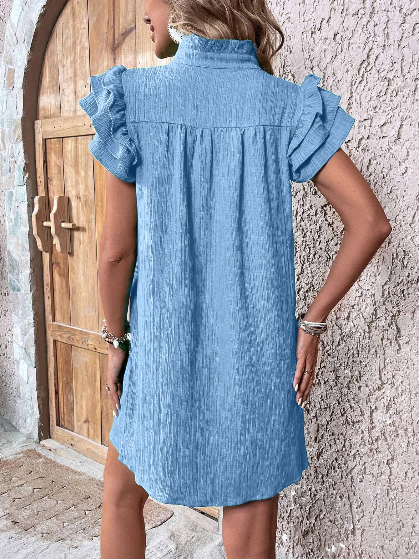 MULTI-LAYER LOTUS SLEEVE V-NECK PULLOVER DRESS: RED / (XXL) 1