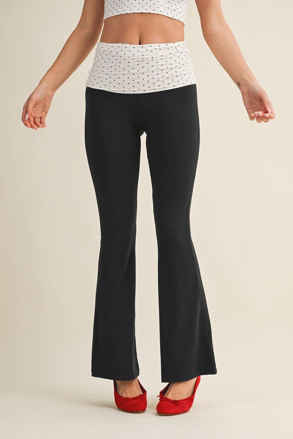 Polka Dot Soft Knit Foldover Flare Pants: White Polka Dot / S