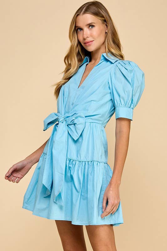 CD05177-Poplin Collared V Neckline Waist Bow Dress: BABY BLUE / L
