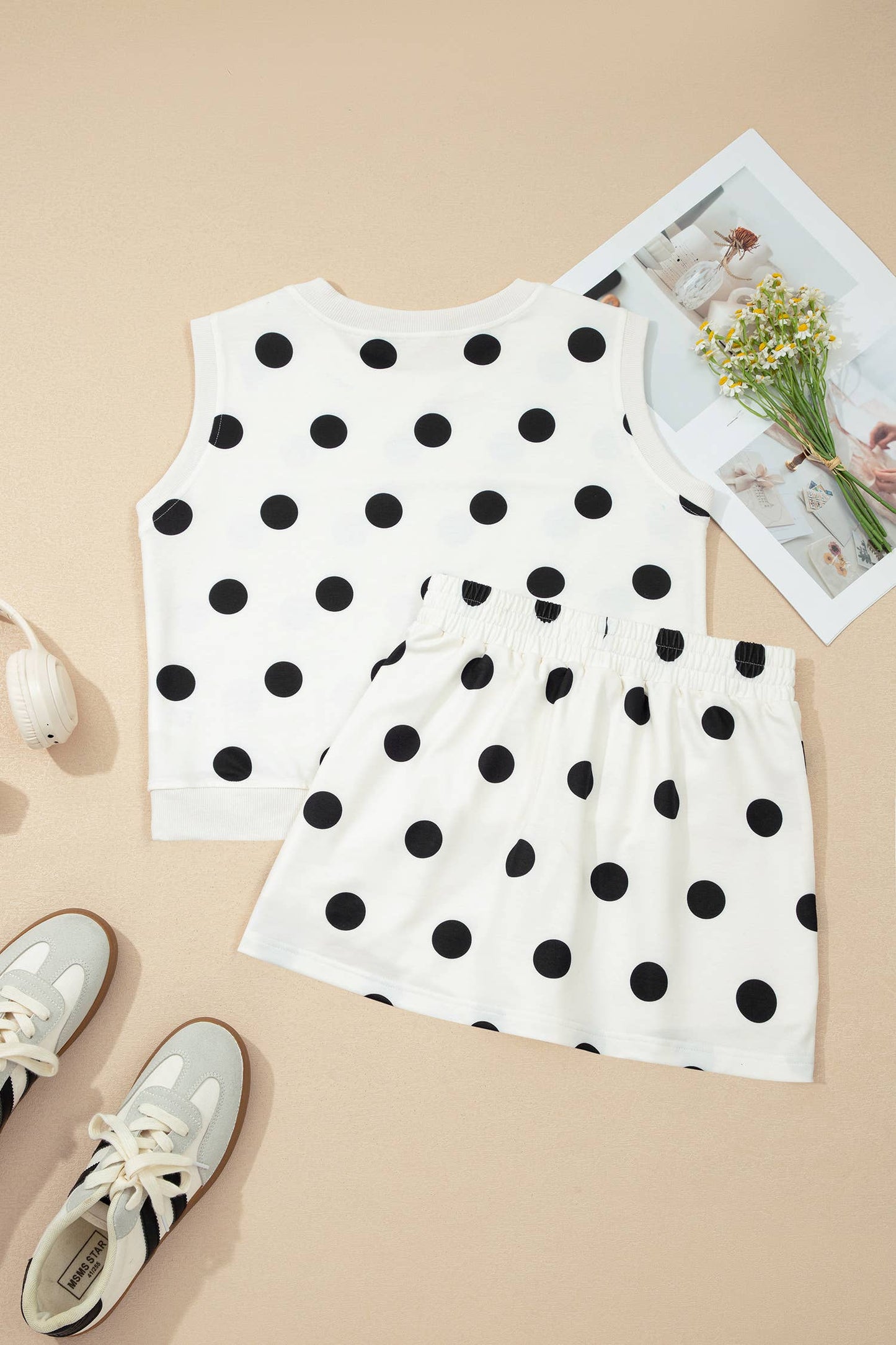Plus Polka Dot Print Tank Split Mini Skort 2pcs Set (S-4X): White / 3X