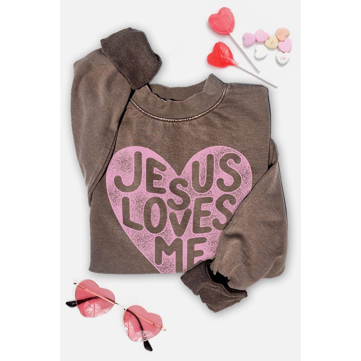 JESUS LOVES ME MINERAL GRAPHIC SWEATWHIRTS: Mineral Grey / S-M-L-XL(1-2-2-1)