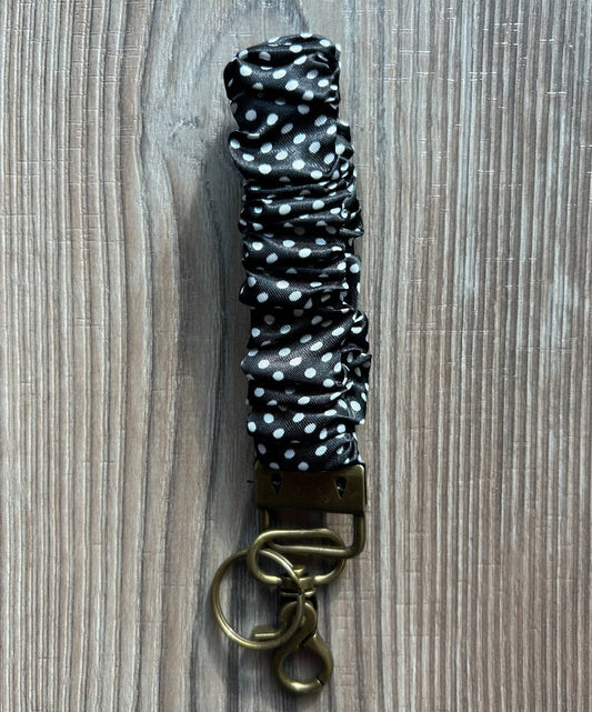 Silky Scrunchie Wristlet Keychain: Black Polka Dot