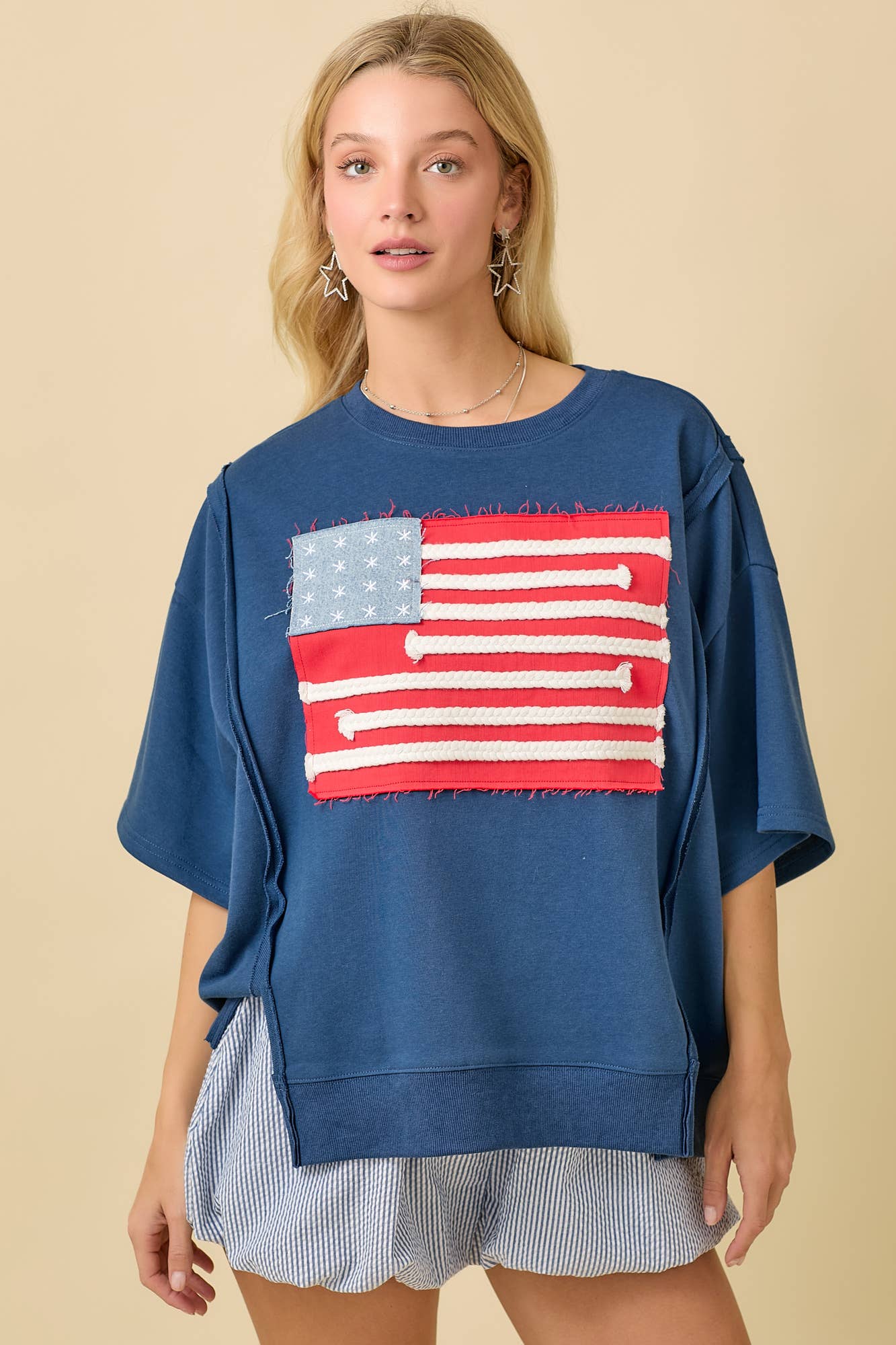 Boxy Wide Short Sleeve Top With American Flag Patchwork: DARK BLUE / S