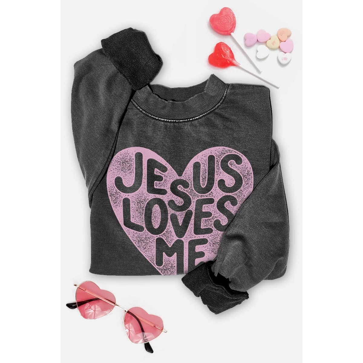 JESUS LOVES ME MINERAL GRAPHIC SWEATWHIRTS: Mineral Grey / S-M-L-XL(1-2-2-1)