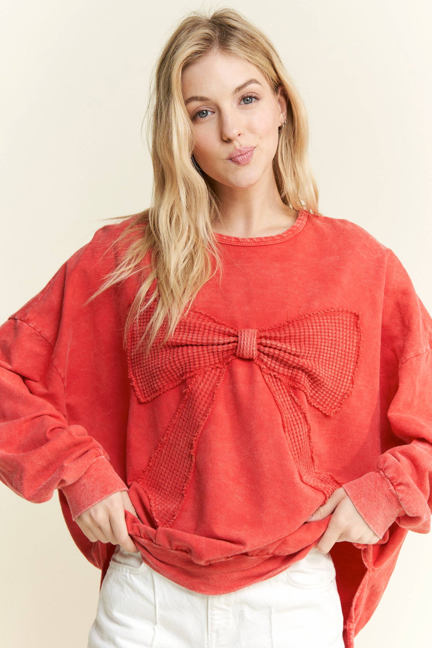 I'm a gift for you Waffle Ribbon bow terry top HT6129: Denim Blue / S-M-L / 2-2-2